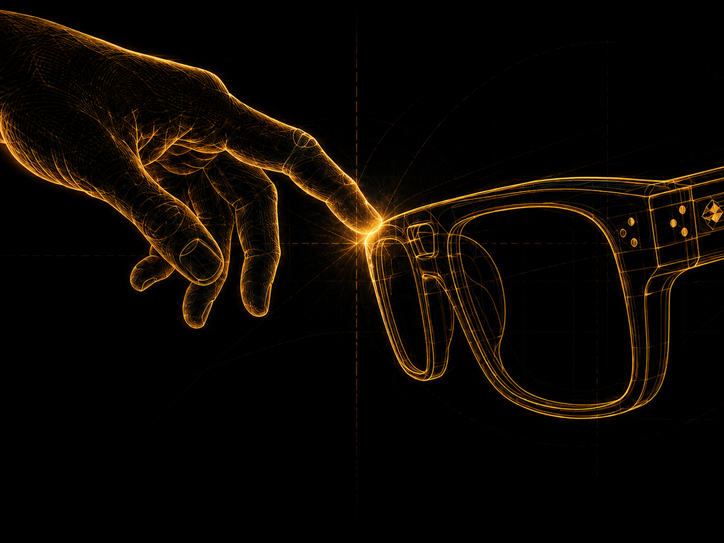 Wireframe hand reaching toward eyewear frame